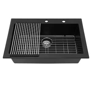 Loile 33 in. Drop-In Single Bowl Black Granite Composite Kitchen Sink with Sloping Edge and Accessories