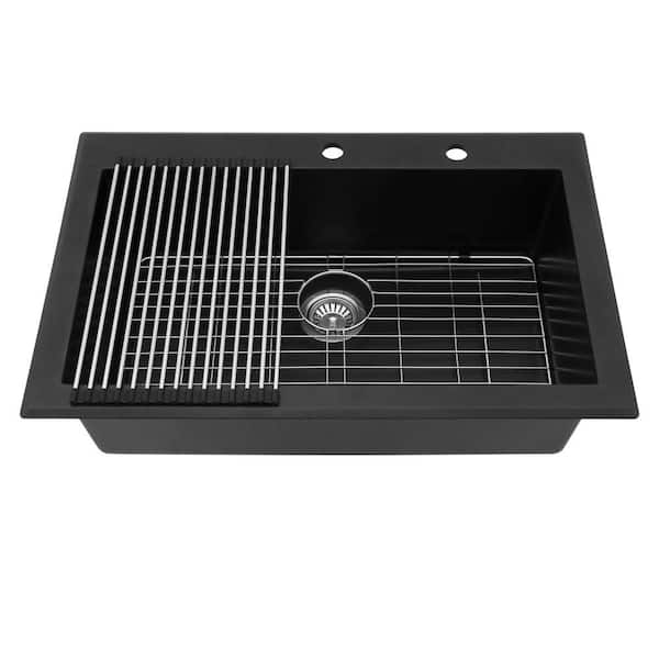 Loile 33 in. L Drop-In Single Bowl Black Granite Composite Kitchen Sink with Sloping Edge and Accessories
