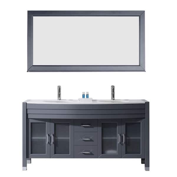 Virtu USA Ava 63 in. W Bath Vanity in Gray with Stone Vanity Top in White with Round Basin and Mirror