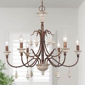 Wood Candlestick Chandelier 6-Light Farmhouse Empire Weathered Wood Classic Chandelier for Kitchen with Rusty Copper Rod