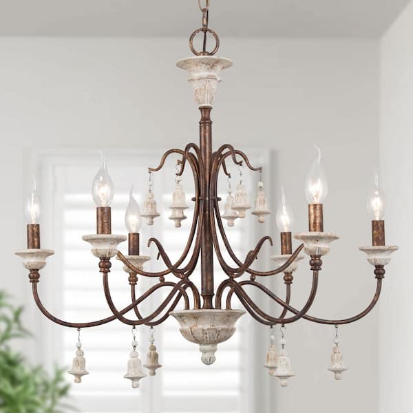 LNC Wood Candlestick Chandelier 6-Light Farmhouse Empire Weathered