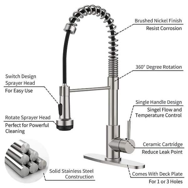 19. 8in. H Pull Down Sprayer Kitchen Faucet with 360° Spout Swivel in Brushed Nickel