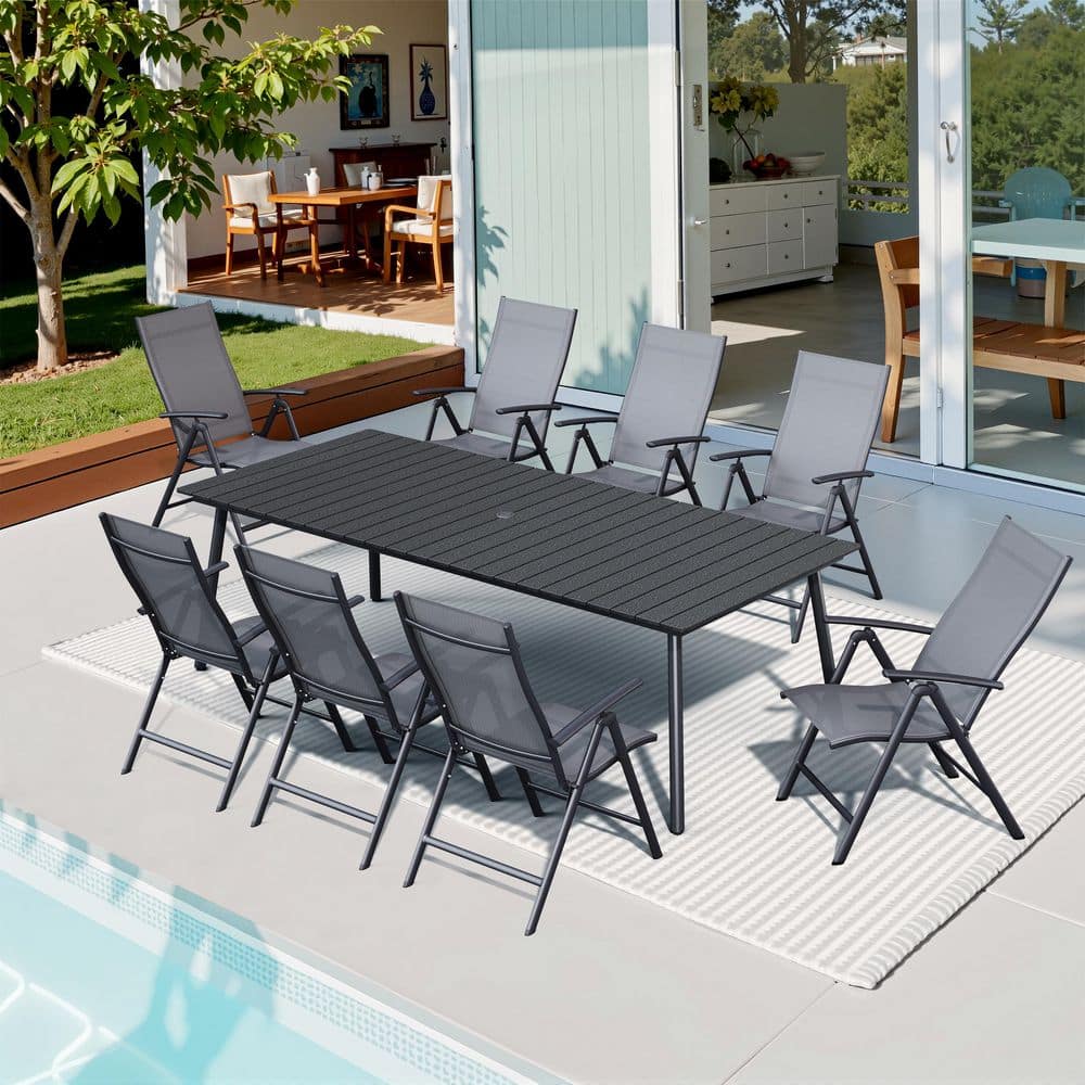 9-Piece 95 in. Black Rectangular Aluminum Wood-Like Outdoor Patio Dining Set, Gray Adjustable Backrest Metal Chair price history on PriceWatchPro