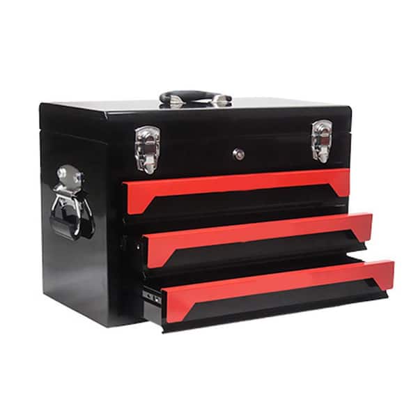 10.63 in. Portable 3 Drawer Steel Tool Chests with Metal Latch Closure, Black and Red