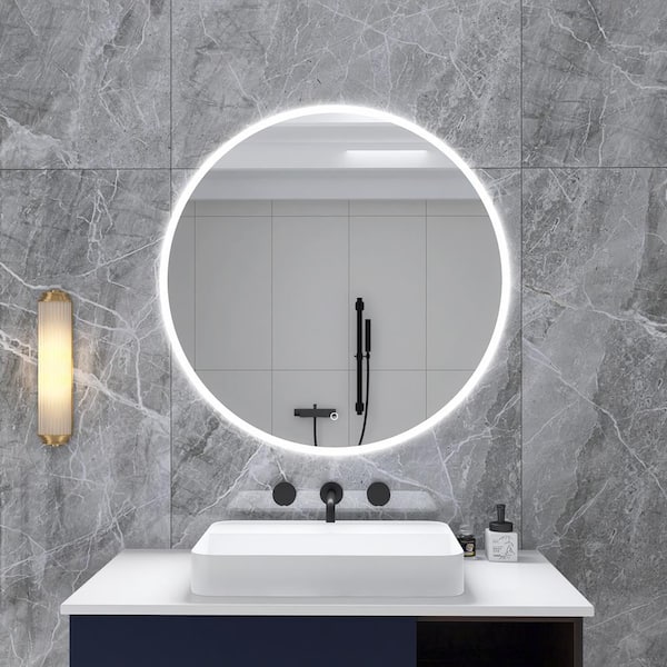 tunuo 32 in. W x 32 in. H Round Frameless LED Light with Bluetooth Music Speaker Wall Mount Bathroom Vanity Mirror in Silver