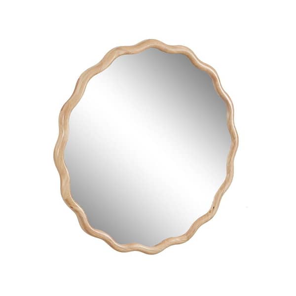Natural Wood 35.6 in. W x 35.6 in. H Art Deco Round Solid Wood Framed Mirror Wall Mirror Wall Decor Mirror