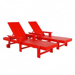 Shoreside 2-Piece Red Fade Proof Plastic Portable Poly Reclining Outdoor Patio Chaise Lounge Arm Chairs with Wheels