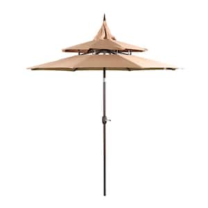 9 ft. 3-Tier Patio Umbrella Outdoor Market Umbrella with Crank and Push Button Tilt in Brown