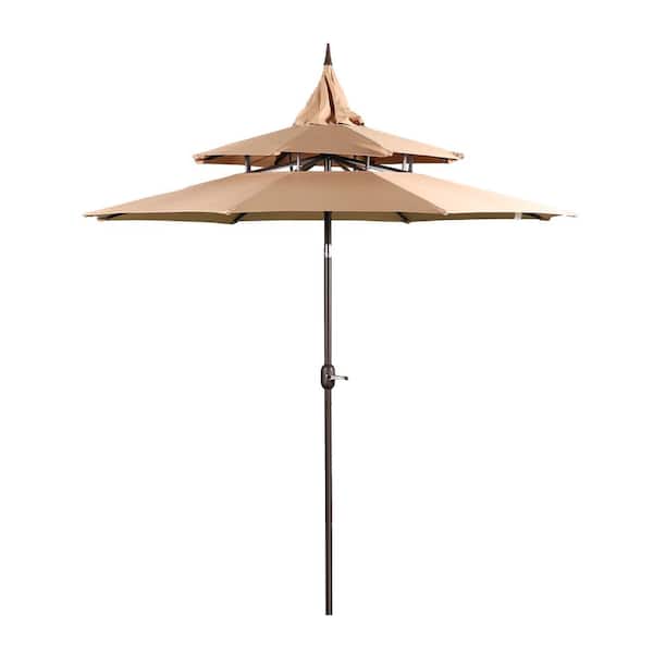 Aoodor 9 ft. 3-Tier Patio Umbrella Outdoor Market Umbrella with Crank and Push Button Tilt in Brown