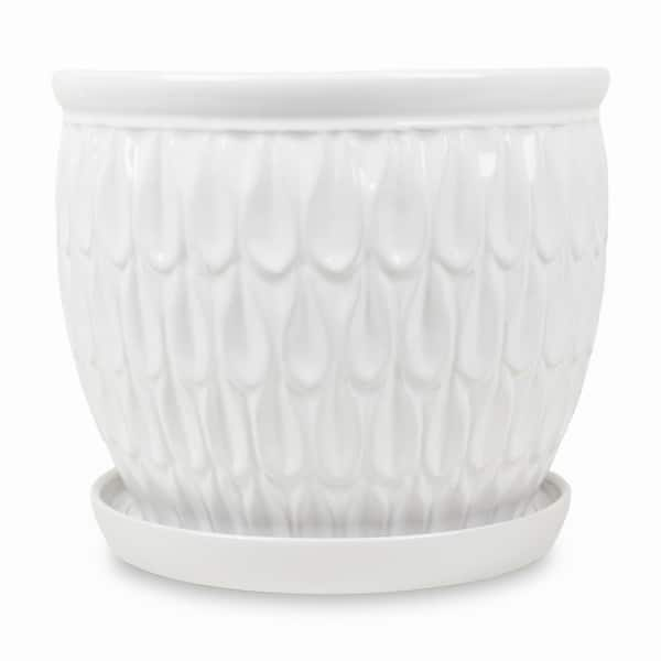 12.25 in. W x 10.6 in. H White Ceramic Raindrop Planter with Saucer