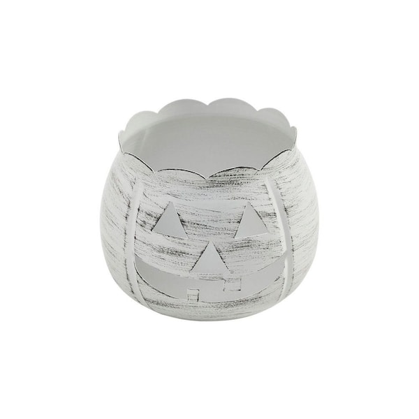 VHC BRANDS 4.25 in. Antique White Jack-O-Lantern Halloween Candle Holder