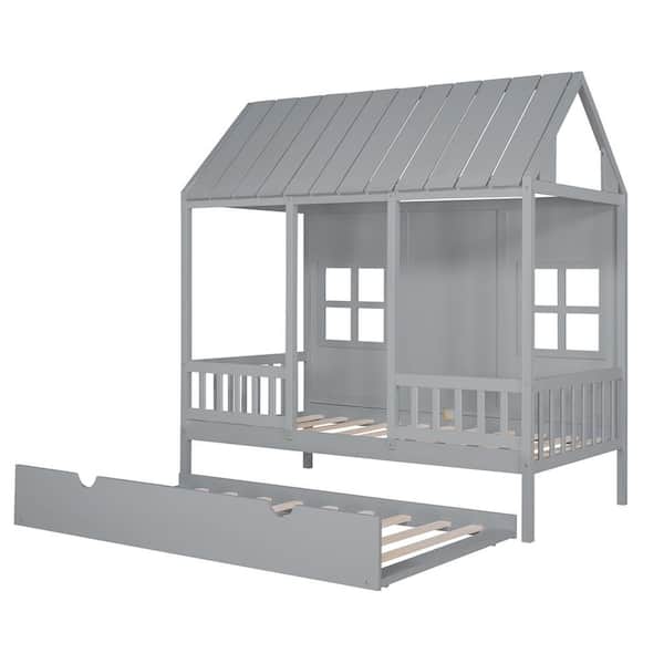 Z-joyee 41.7 in. Gray Twin Wood Kids Platform Bed With Twin Size Trundle