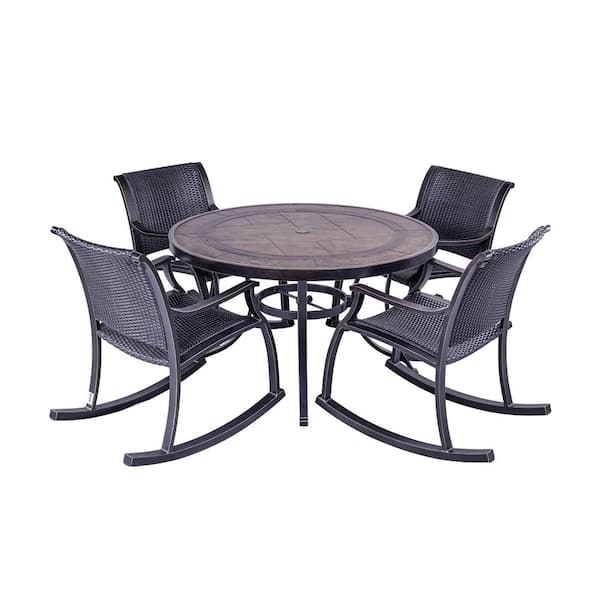 Boyel Living Bronze 5 Piece Outdoor Patio Dining Set With 4 Wicker Rocking Arm Chair And 48 In Round Crafttech Top Aluminum Table Bjc Gkjagct1gg Bj28 The Home Depot - Home Depot Patio Furniture Table And 4 Chairs