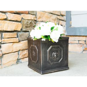 12.6 in. Bronze Lightweight Concrete Lion Head Square Medium Planter