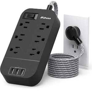 Wall Mounted 6-Outlet Power Strip Surge Protector with 3 USB Ports and 10 ft. Long Flat Plug Extension Cord in Black