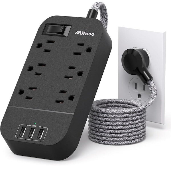 Etokfoks Wall Mounted 6-Outlet Power Strip Surge Protector with 3 USB Ports and 10 ft. Long Flat Plug Extension Cord in Black
