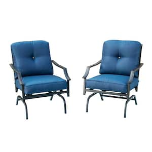 2-Piece Metal Outdoor Rocking Chairs Set with Blue Cushions