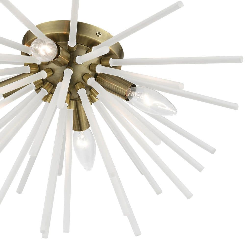 Elegant Uptown Antique Brass 4-Light Flush Mount with Acid Etched Rods