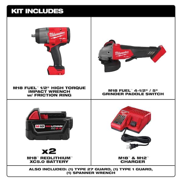 M18 FUEL 18V Lith-Ion Cordless 4-1/2 in. /5 in. Grinder w/ Variable Speed, Impact Wrench, & (2) Battery & Charger Kit