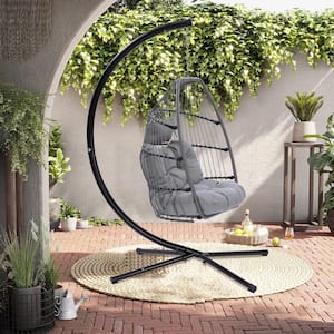 78 in. C-Shape Bracket Outdoor Patio Wicker Rattan Steel Swing Chair with Grey Cushion and Pillow