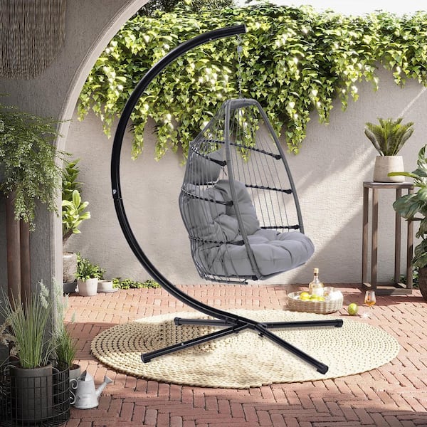 Satico 78 in. C-Shape Bracket Outdoor Patio Wicker Rattan Steel Swing Chair with Grey Cushion and Pillow
