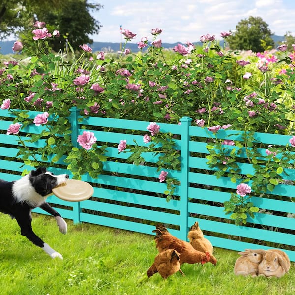 Ares 46 in. x 38 in. Aruba Blue Garden Fence W/Post No-Dig Steel Cone Anchor Recycled Plastic Privacy Fence Panel (4-PK)