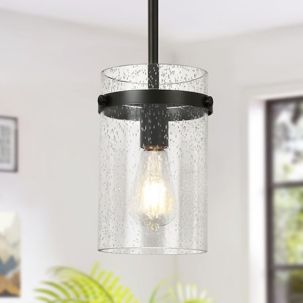 Jasslynn 60 Watt 1 Light Black Modern Pendant Light with Cylinder Glass Shade for Kitchen Dining Room Foyer