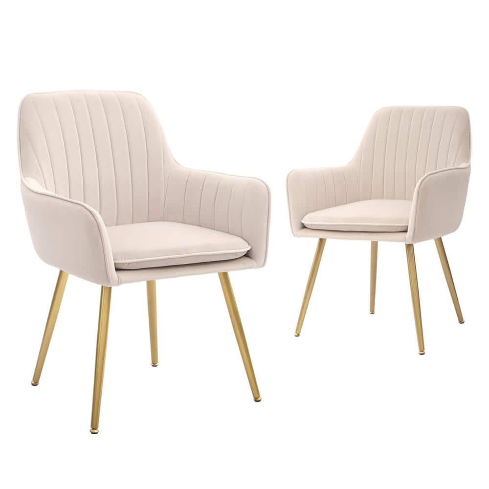 Beige Velvet Upholstered Arm Chairs with Metal Legs, Set of 2