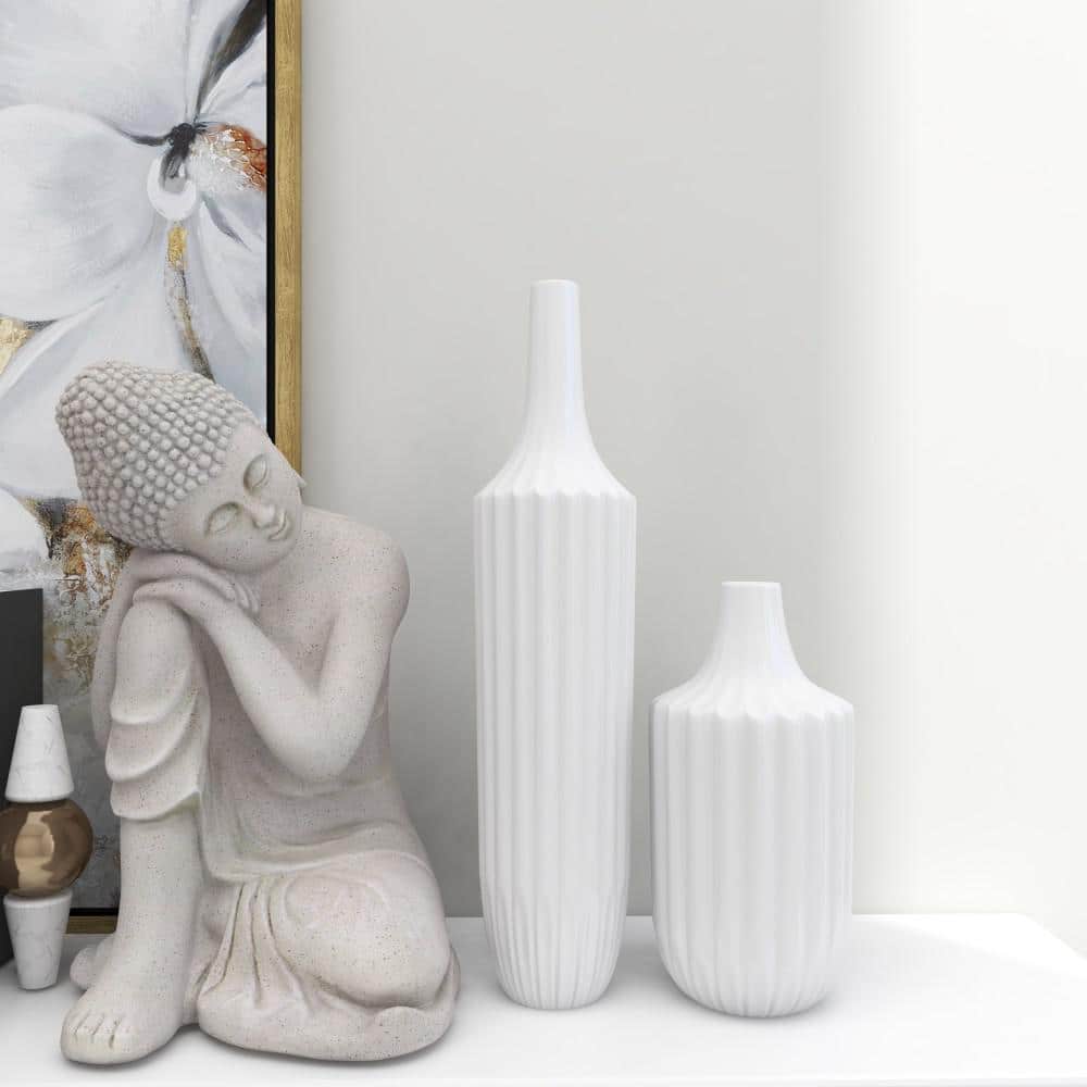 Modern White Ceramic Vase with Stripe Texture 23" Height