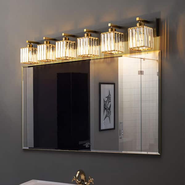 HomeLighting Fixture Width 44.09 in. 6-Light BlackGold Modern Crystal Vanity Lights Wall Sconces For Bathroom（JW-002)