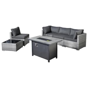 Messi Gray 6-Piece Wicker Outdoor Patio Conversation Sectional Sofa Set with a Metal Fire Pit and Black Cushions