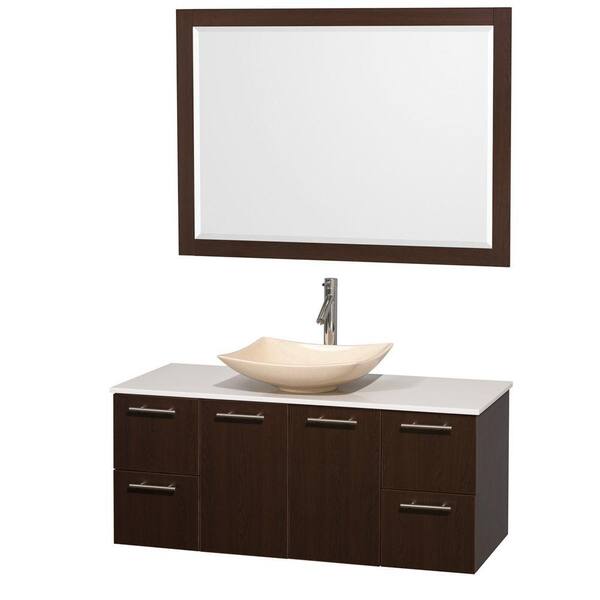 Wyndham Collection Amare 48 in. Vanity in Espresso with Solid-Surface Vanity Top in White, Marble Sink and 46 in. Mirror