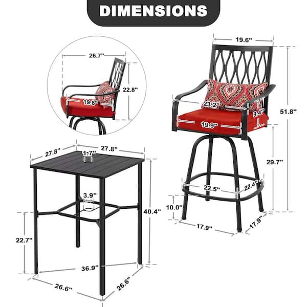Black 5-Piece Metal Swivel Outdoor Bistro Bar Set with Red Cushions and Umbrella Hole, Square-to-Round Footrest Design