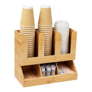 Cup and Condiment Station, Countertop Organizer, Coffee Bar, Kitchen, 13.625 in. L x 6.75 in. W x 11.75 in. H, Brown