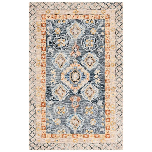 Aspen 6 ft. x 9 ft. Blue/Beige Oriental Border Area Rug