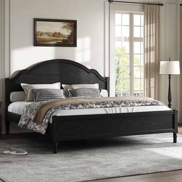 Iro Modern Black Wood Frame King Size Platform Bed with Curved Headboard and Footboard