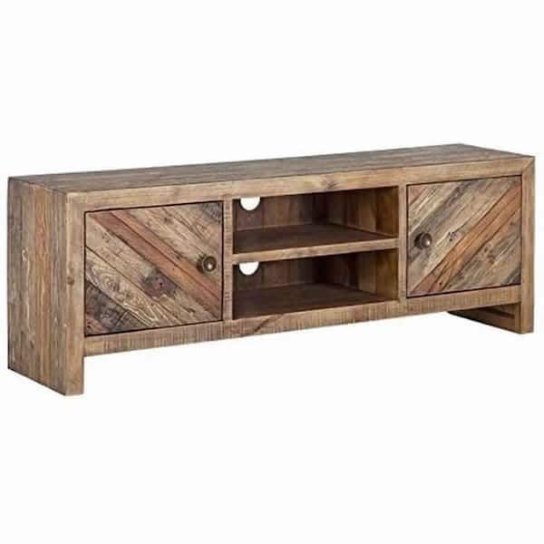 Benjara 63 in. Brown Wood TV Stand Fits TVs up to 55 in. with 2 Cabinets and Open Center Shelf