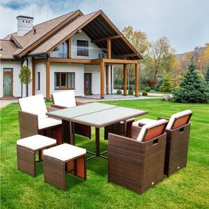 9-Piece Wicker Square Outdoor Dining Sets with Beige Cushions