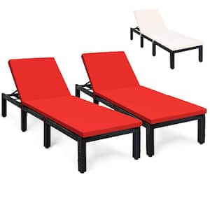 2-Pieces Patio Lounge Chair Rattan Chaise with Adjustable Red and Off White Cushioned