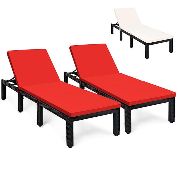 Gymax 2-Pieces Patio Lounge Chair Rattan Chaise with Adjustable Red and Off White Cushioned