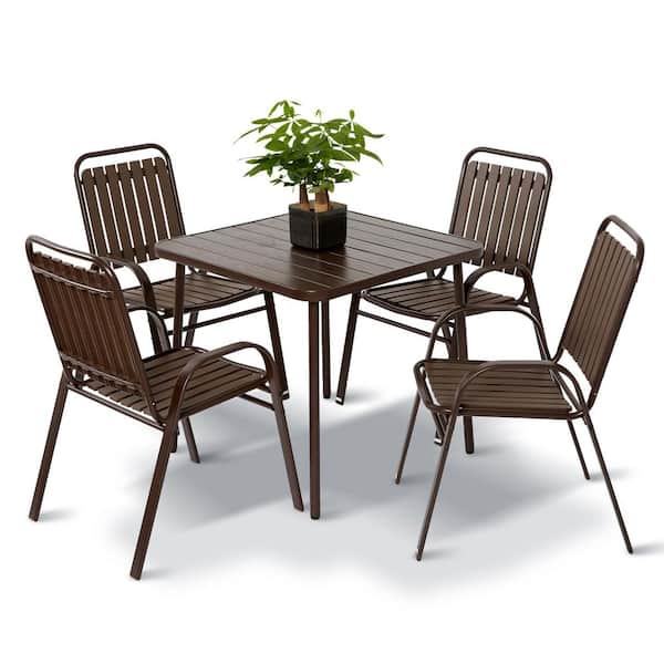 5-Piece Steel Patio Outdoor Dining Set 4 Plastic Stackable PVC Chairs and 1-Dining Table Brown