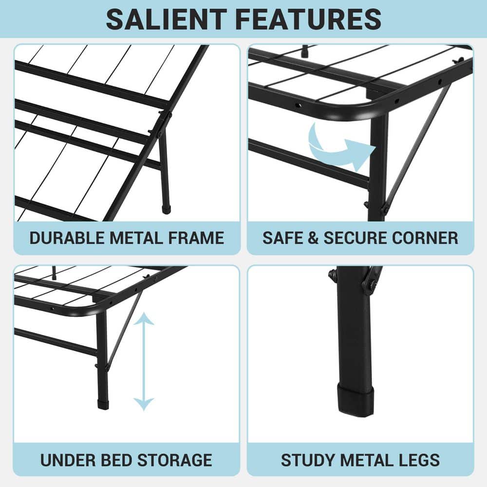 idealBase 14" Foldable Metal Platform Bed Frame - Mattress Foundation - Box Spring Replacement by Naomi Home-Bed Size:Twin,Color:Black