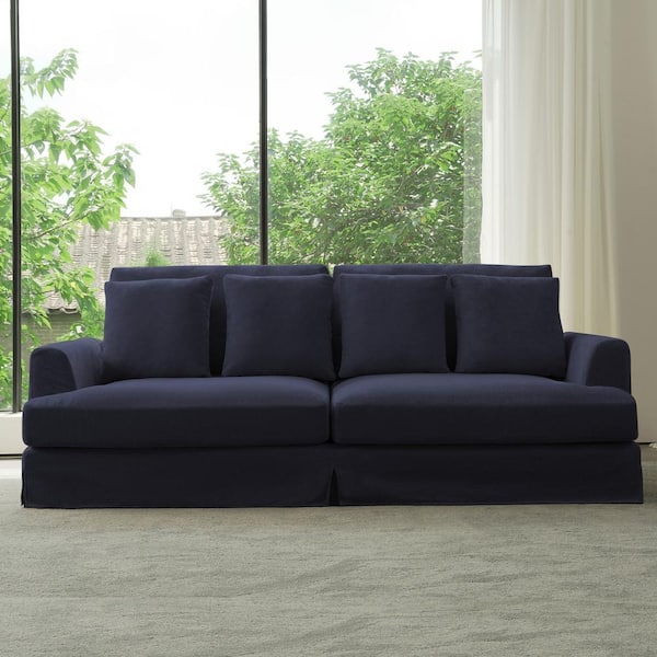 Lesly 102 in. Wide Lazy Style Square Arm Cotton and Linen Fabric Removable Covers Rectangle 2-Seater Sofa in Navy Blue