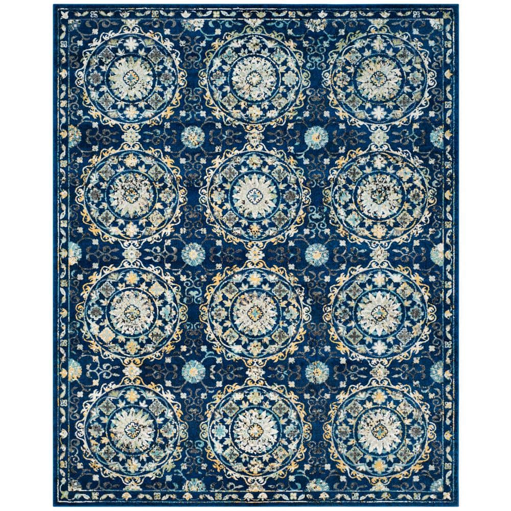 Navy and Ivory Floral Medallion 9' x 12' Area Rug