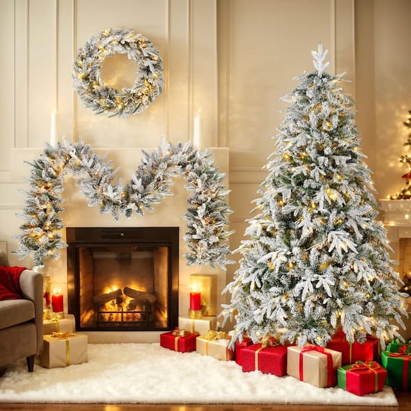 9 ft. Snow Flocked Christmas Tree Arrangement with 3-Pc Flocked Wreath and Garland Set with Warm LED Lights