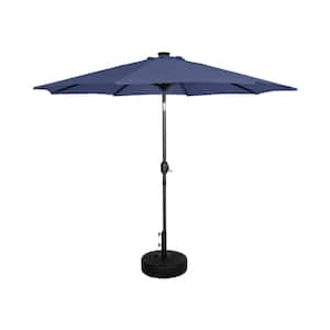 Marina 9 ft. Solar LED Market Patio Umbrella with Black Round Free Standing Base in Navy Blue