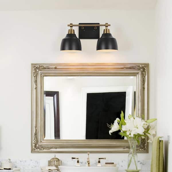 LNC Modern 2-Light Vanity Light Brushed Black and Plating Brass Bathroom  Wall Light with Jar Textured Glass Shades LB6RJJM90W2F8C - The Home Depot