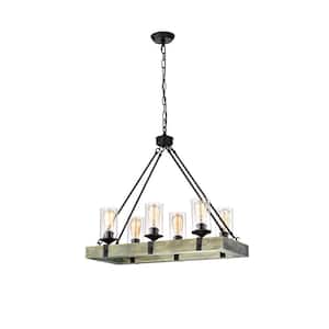 Elk 6-Light Matte Black and Vintage Wood Farmhouse Linear Chandelier with Clear Glass Shades