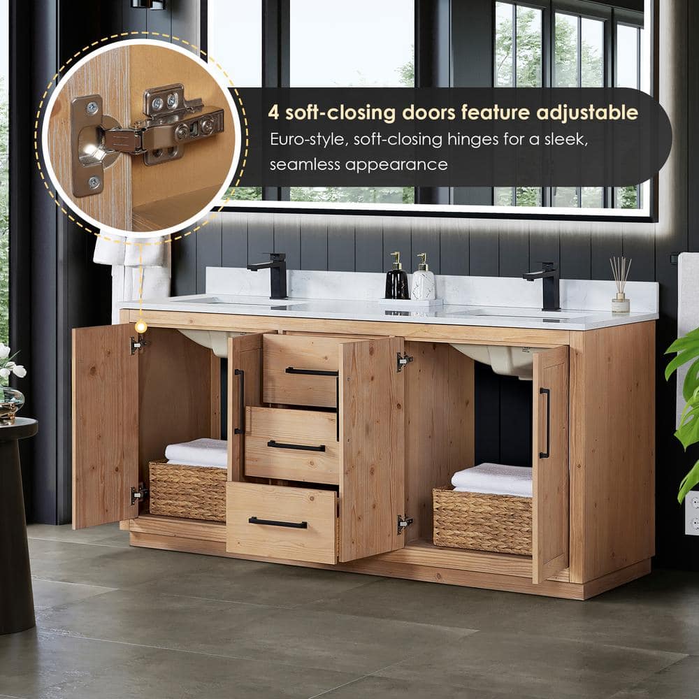 Cicero 72" Light Brown Fir Wood Bathroom Vanity with White Stone Countertop