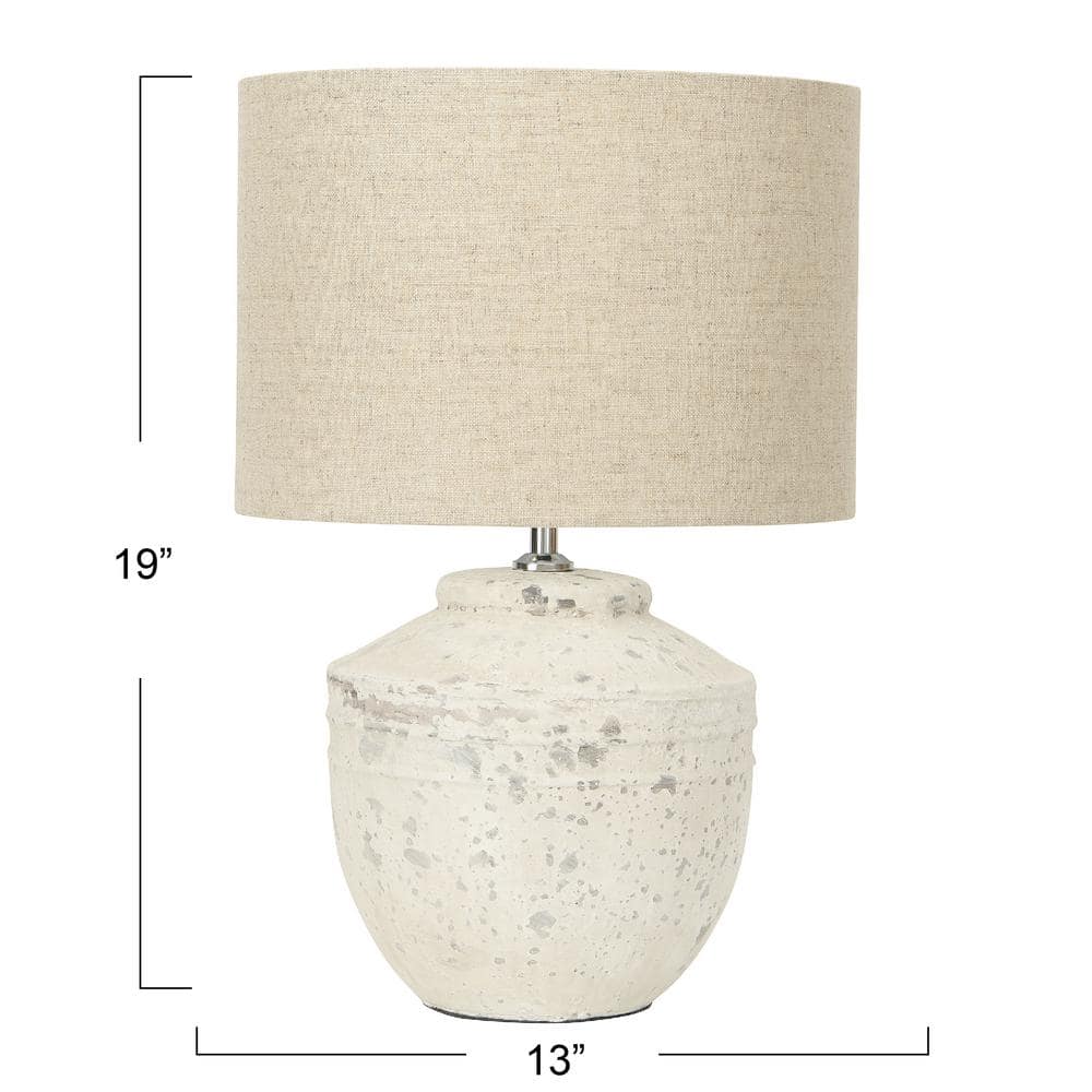 Distressed White Cement Table Lamp with Beige Linen Shade